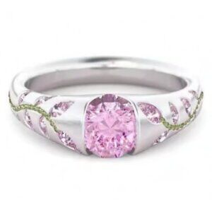 Silver Plated Ring with Pink Faceted Stone | Pink & Green Crystal Detail. Size 7